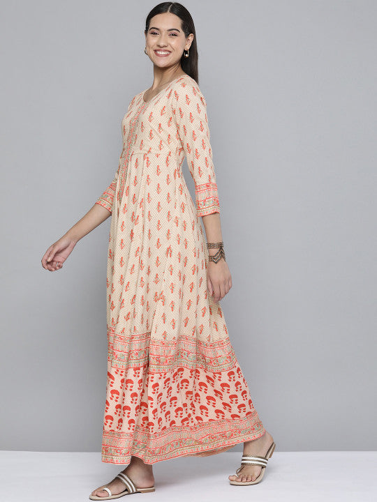 HERE&NOW Beige Ethnic Motifs Printed Maxi Empire Ethnic Dress