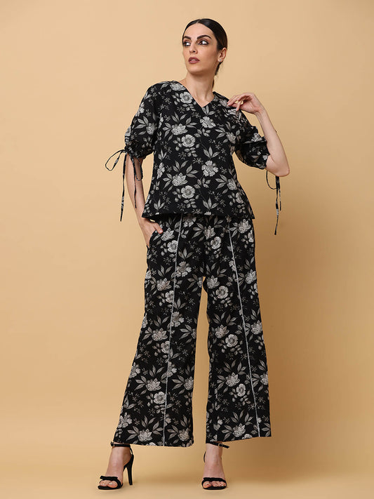 Floral Printed Pure Cotton Monochrome Co-Ord (Set of 2)