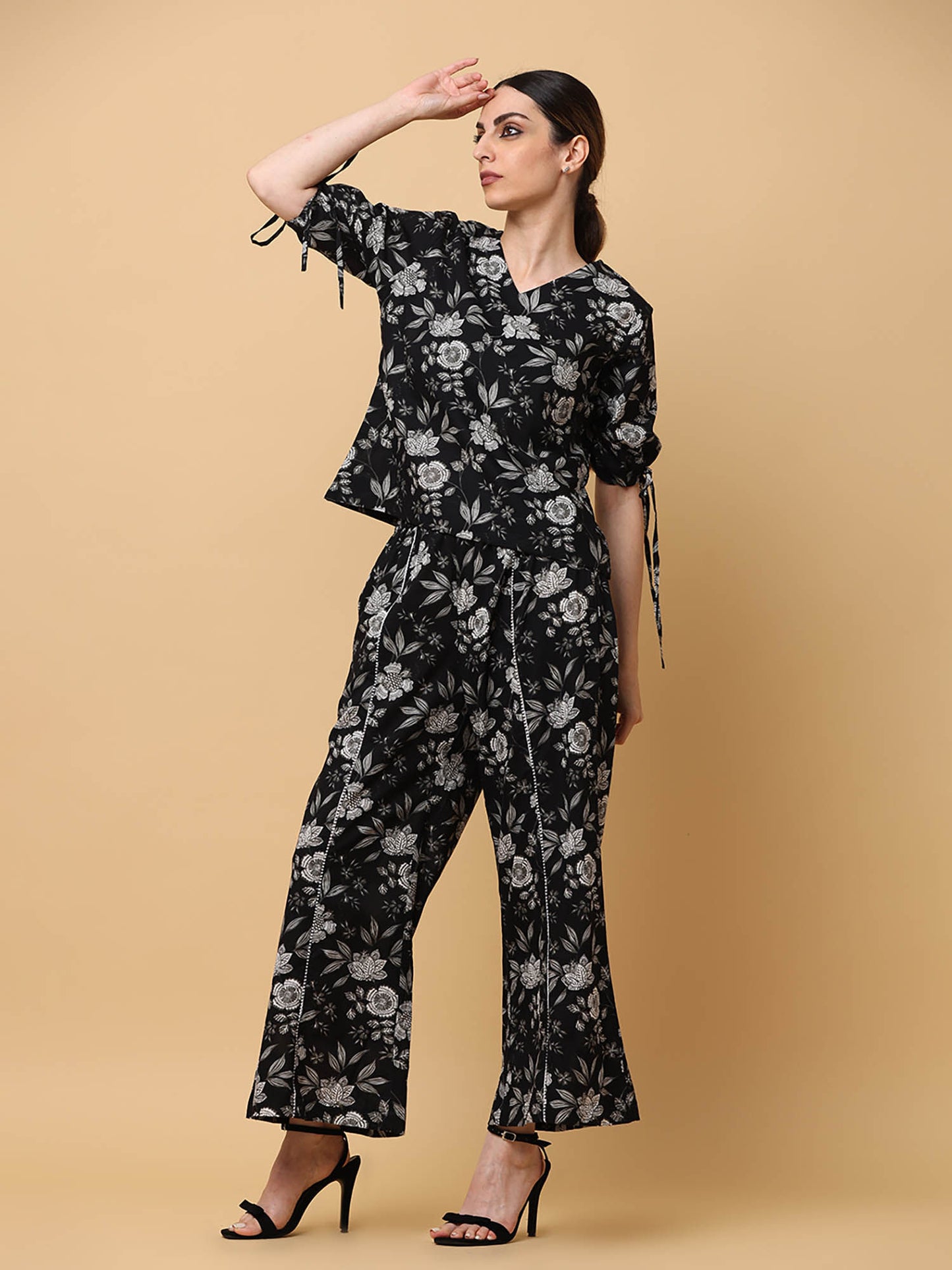 Floral Printed Pure Cotton Monochrome Co-Ord (Set of 2)