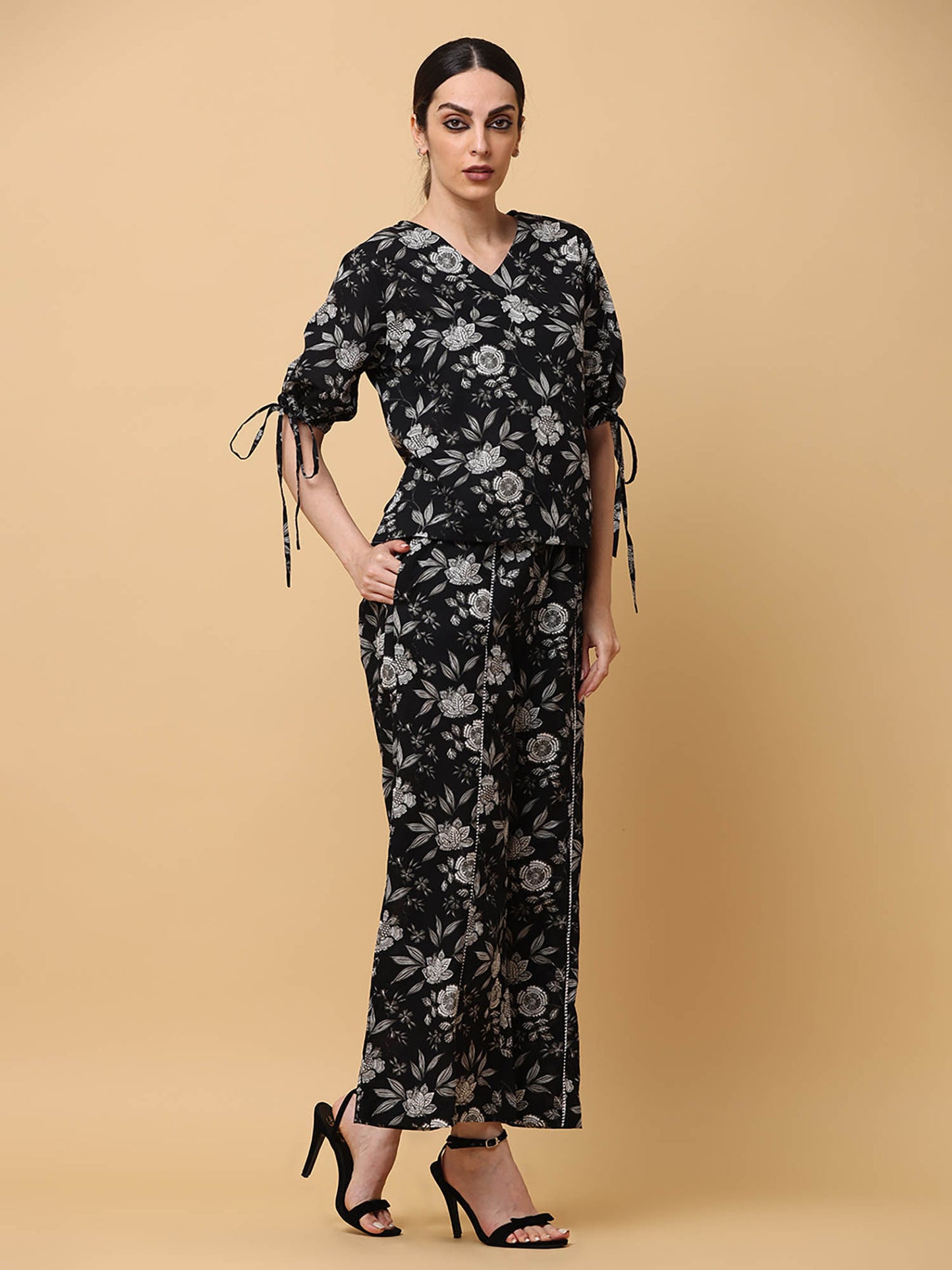 Floral Printed Pure Cotton Monochrome Co-Ord (Set of 2)