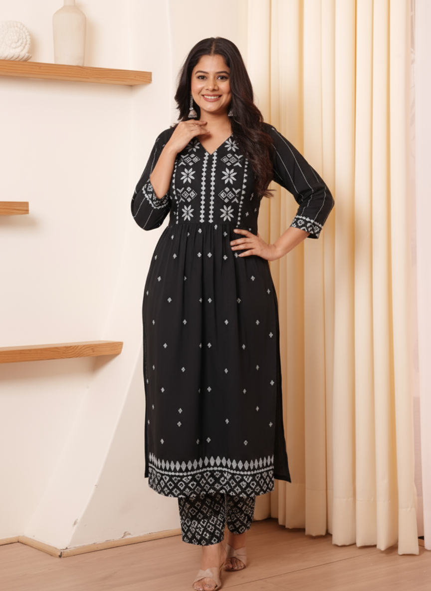 Soft Cotton Geometric Flared Black Kurta