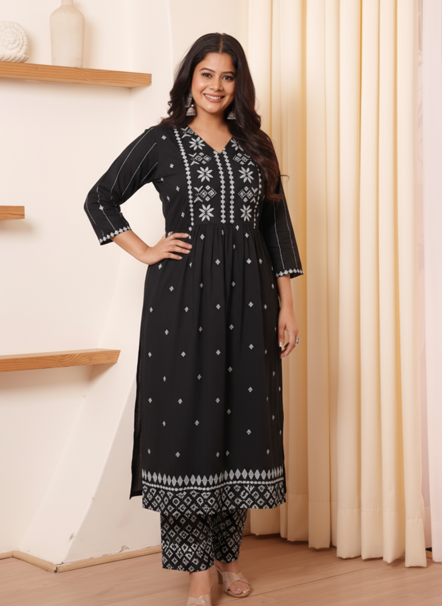 Soft Cotton Geometric Flared Black Kurta