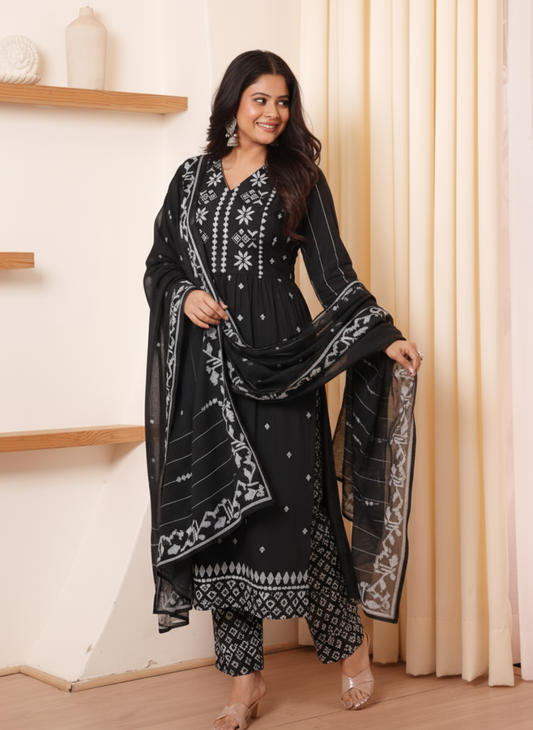 Soft Cotton Geometric Flared Black Kurta