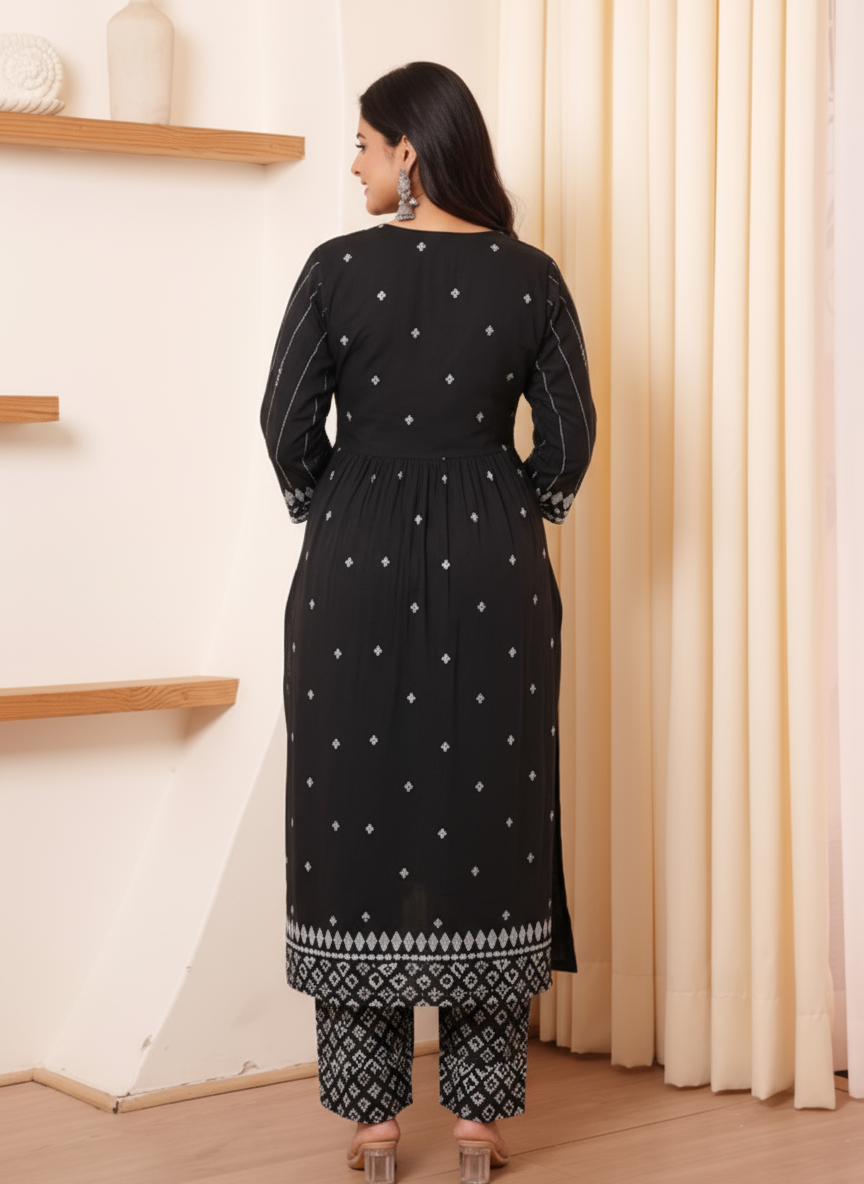 Soft Cotton Geometric Flared Black Kurta
