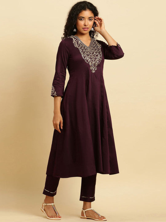 W Floral Embroidered Sequinned Anarkali Kurta & Trousers With Dupatta