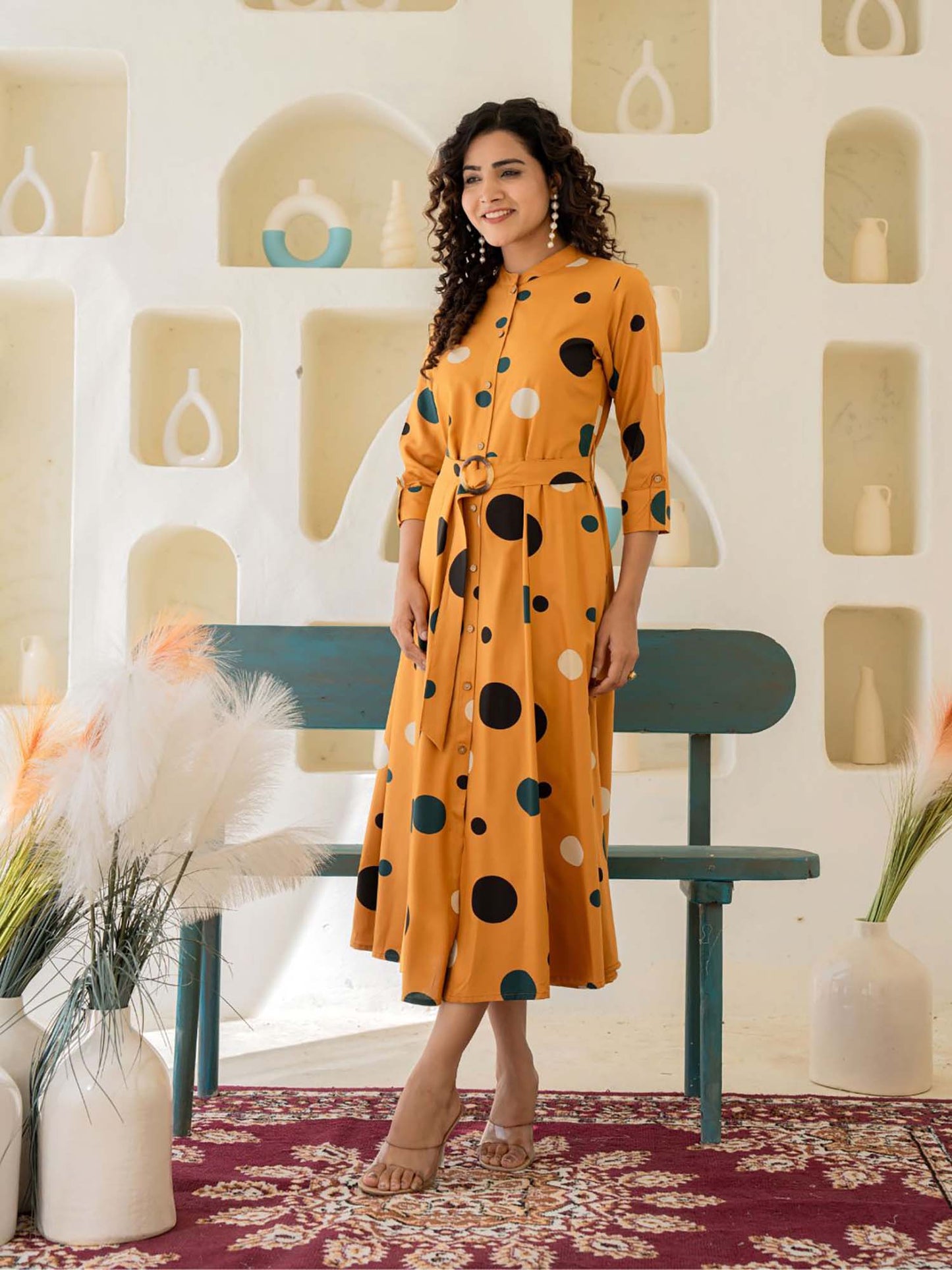 Print Midi Dress with Belt In Viscose (Set of 2)