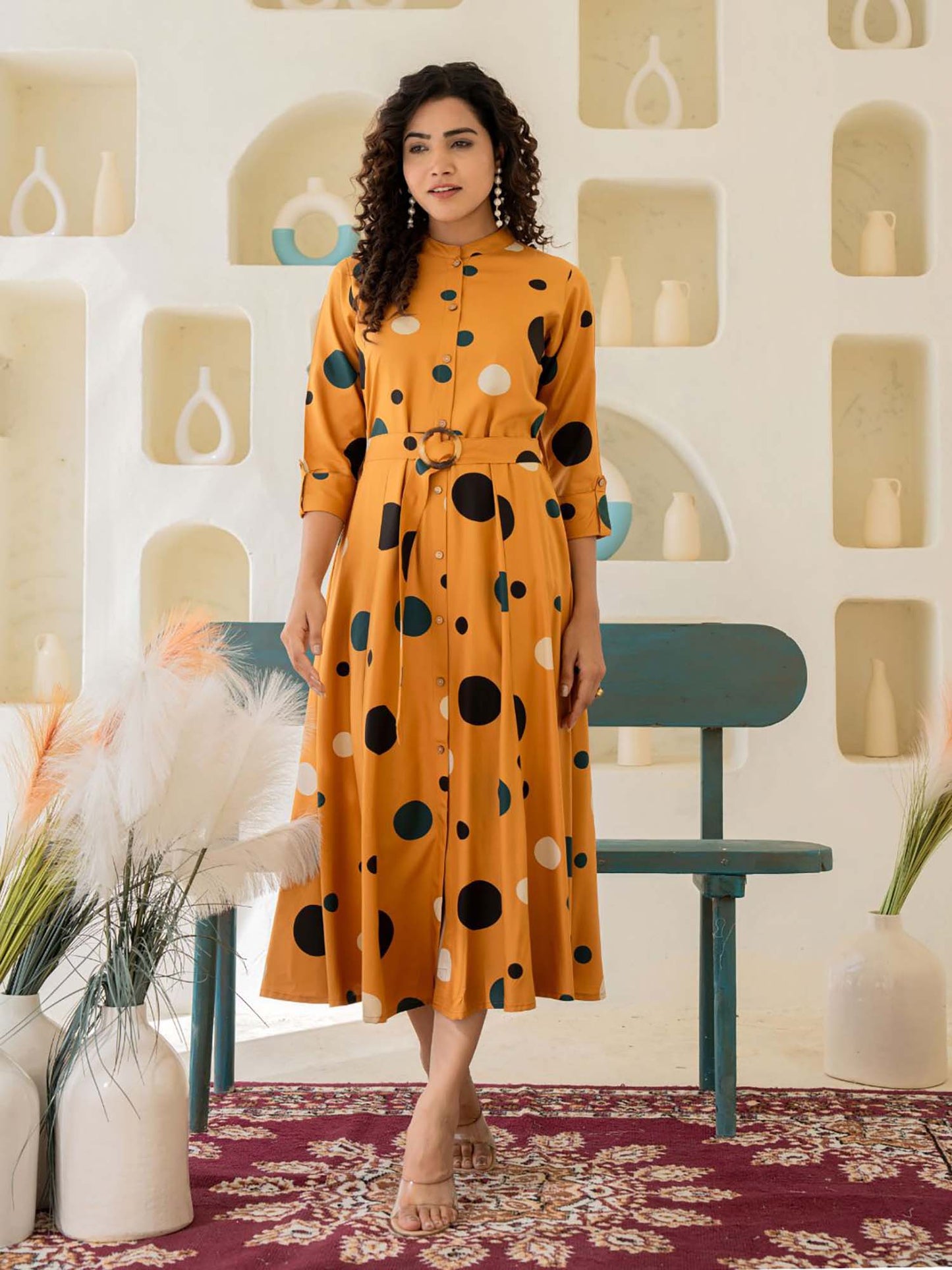 Print Midi Dress with Belt In Viscose (Set of 2)