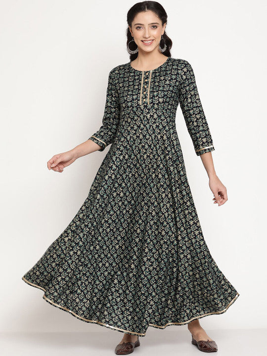 Be Indi Rayon Floral Printed Round Neck Gotta Patti Detailing Maxi Dress