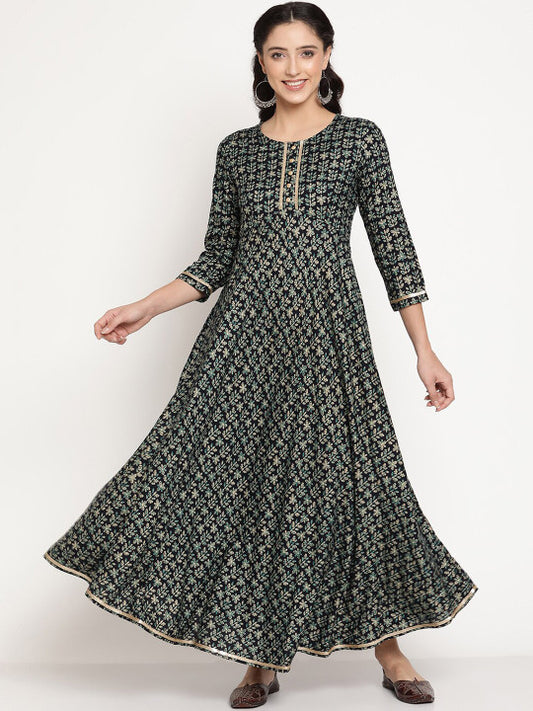 Be Indi Rayon Floral Printed Round Neck Gotta Patti Detailing Maxi Dress