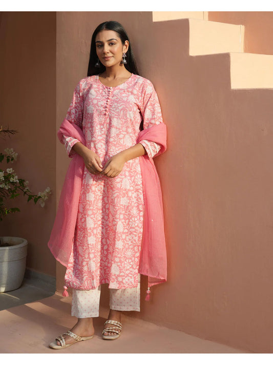Crystal Pink Cotton Kurta With Pant &amp; Dupatta With Kota Dupatta