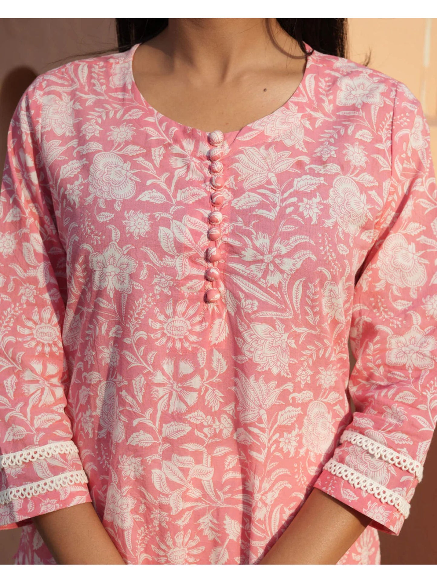 Crystal Pink Cotton Kurta With Pant &amp; Dupatta With Kota Dupatta