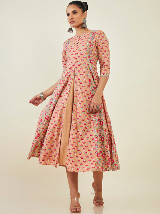 Mandarin Collar Floral Printed Cotton Fit & Flare Midi Ethnic Dress