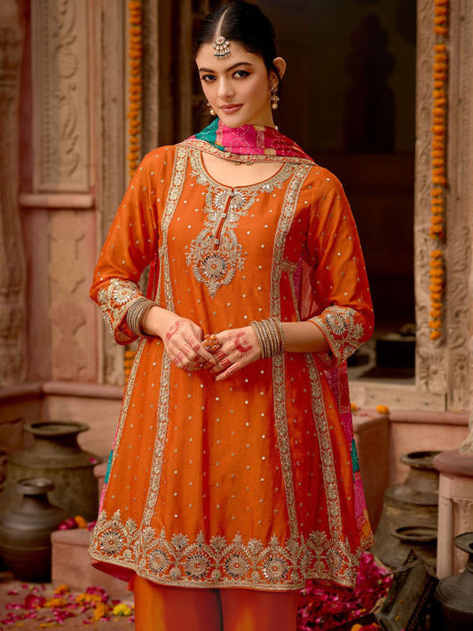Indo Era Floral Embroidered Panelled Mirror Work A-Line Kurta With Palazzos & Dupatta