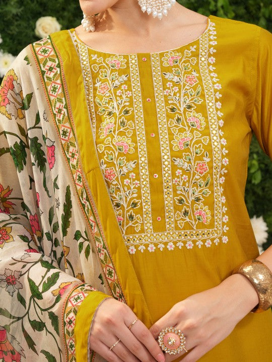 Vishudh Mustard Yellow Floral Yoke Design Thread Work Kurta With Trousers & Dupatta