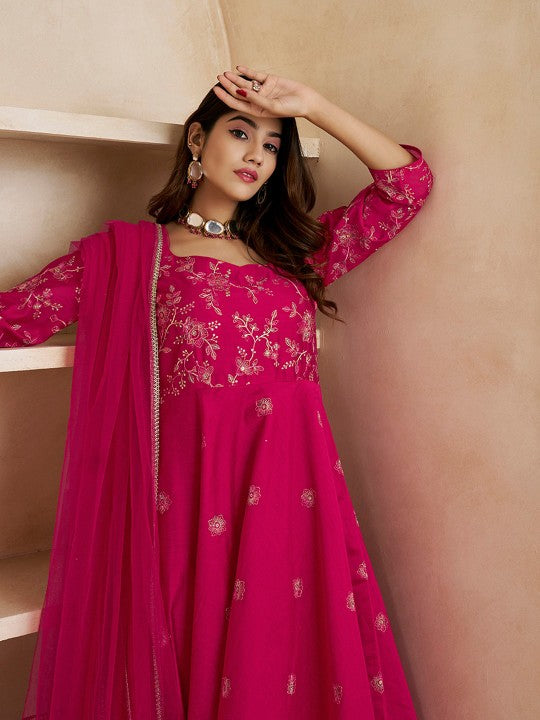 Inddus Magenta Floral Embroidered Anarkali Kurta