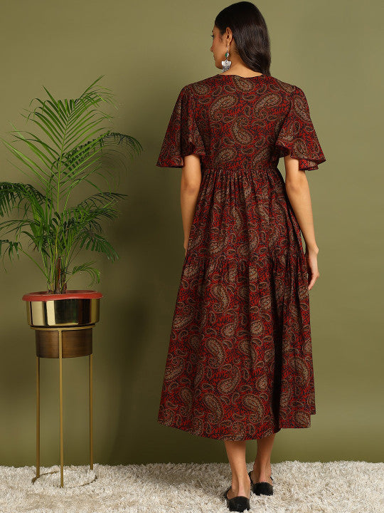 ZNX Clothing Women Flared Sleeve Maternity A-Line Midi Ethnic Dresses