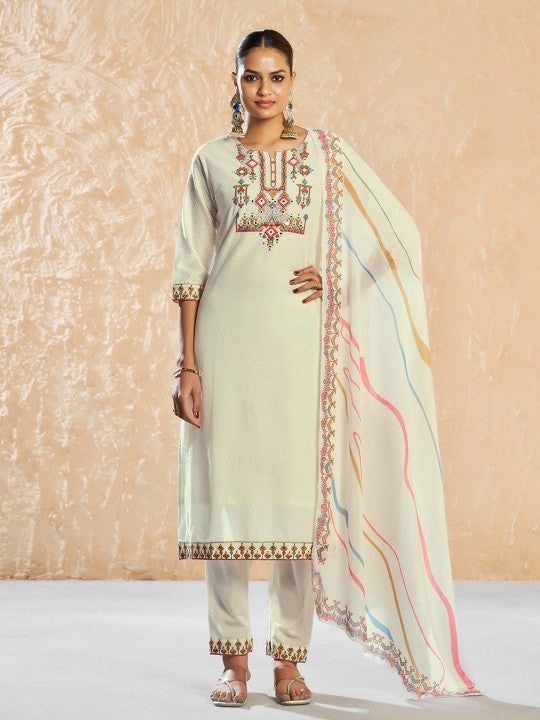 CHHAAP Women Floral Embroidered Mirror Work Pure Cotton Kurta with Trousers & Dupatta