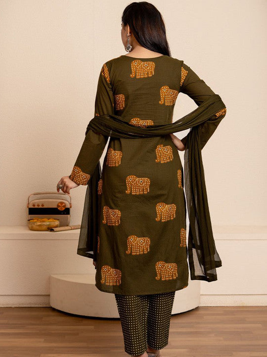 Vastara the Label Elephant Block Printed Pure Cotton Kurta With Trousers & Dupatta
