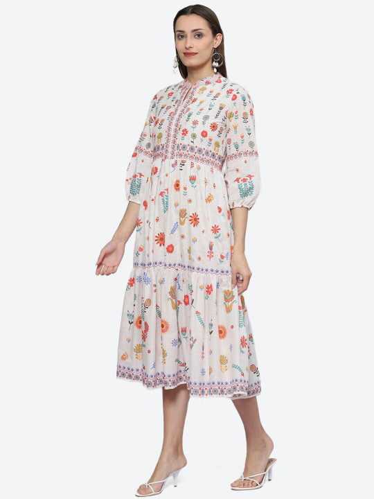 Biba Floral Printed Puff Sleeve Fit & Flare Midi Ethnic Dress