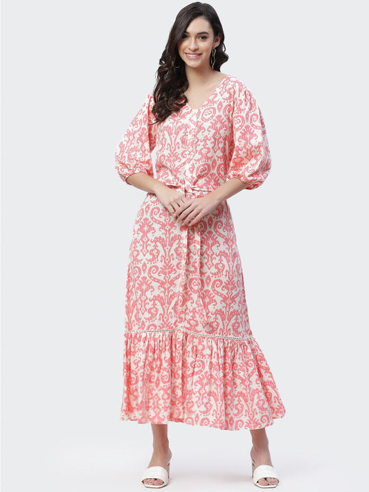 Biba White & Pink Ethnic Motifs Printed A-Line Maxi Dress