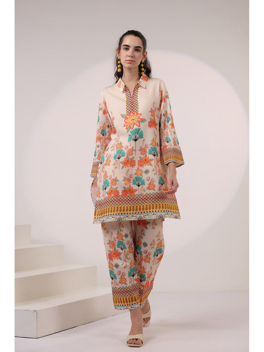 Cream Kara Caramel Linen Printed Co-Ord (Set of 2)