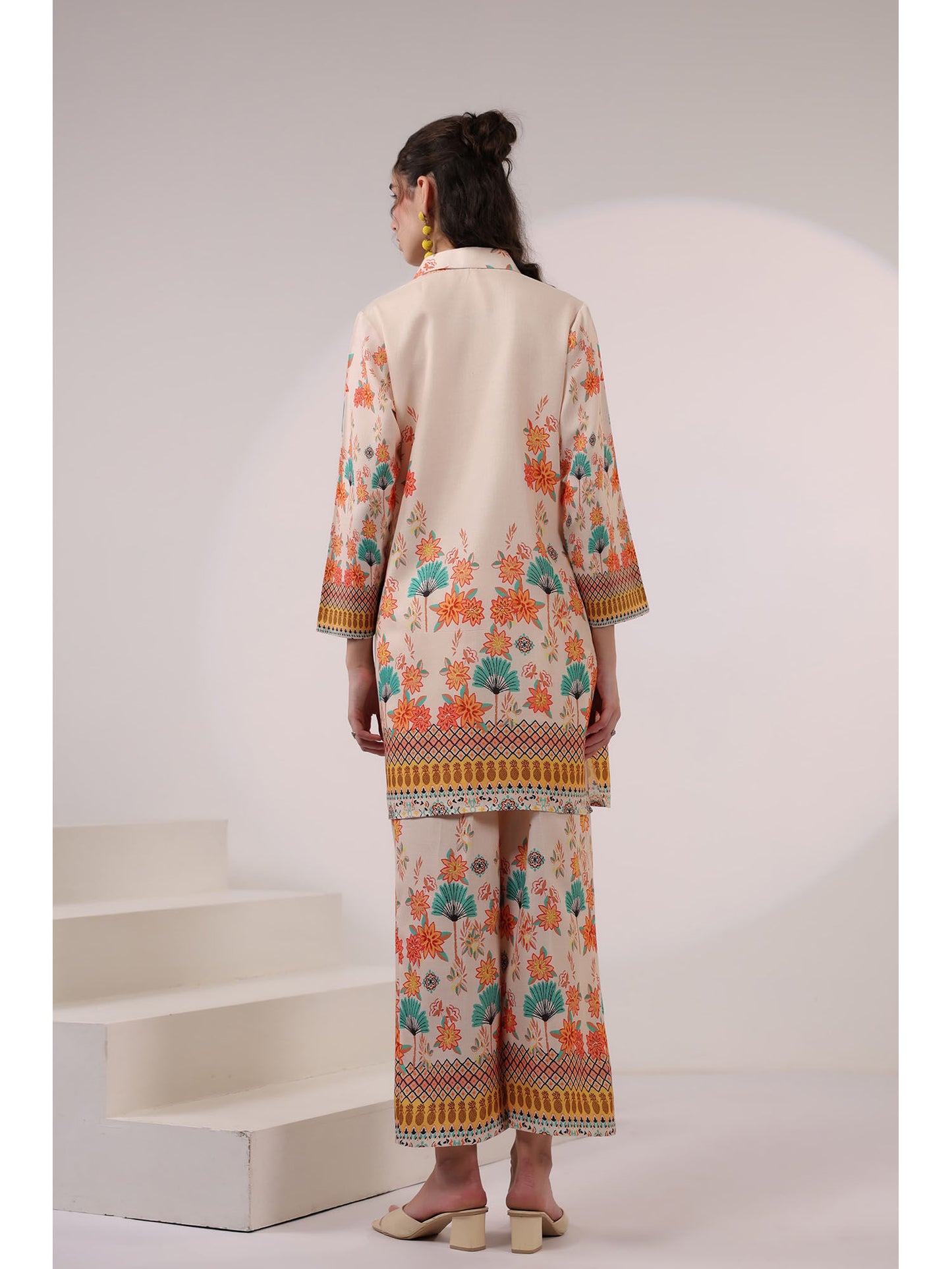 Cream Kara Caramel Linen Printed Co-Ord (Set of 2)