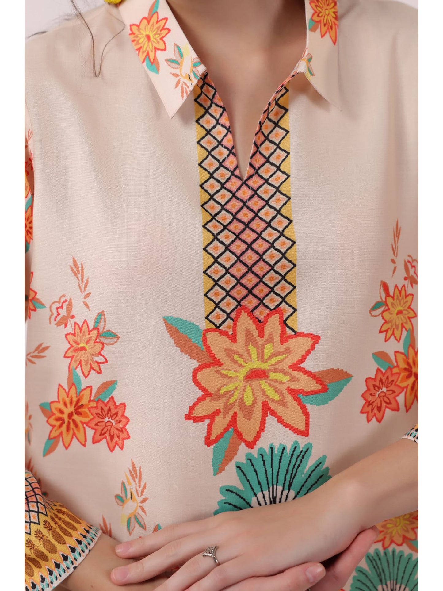 Cream Kara Caramel Linen Printed Co-Ord (Set of 2)
