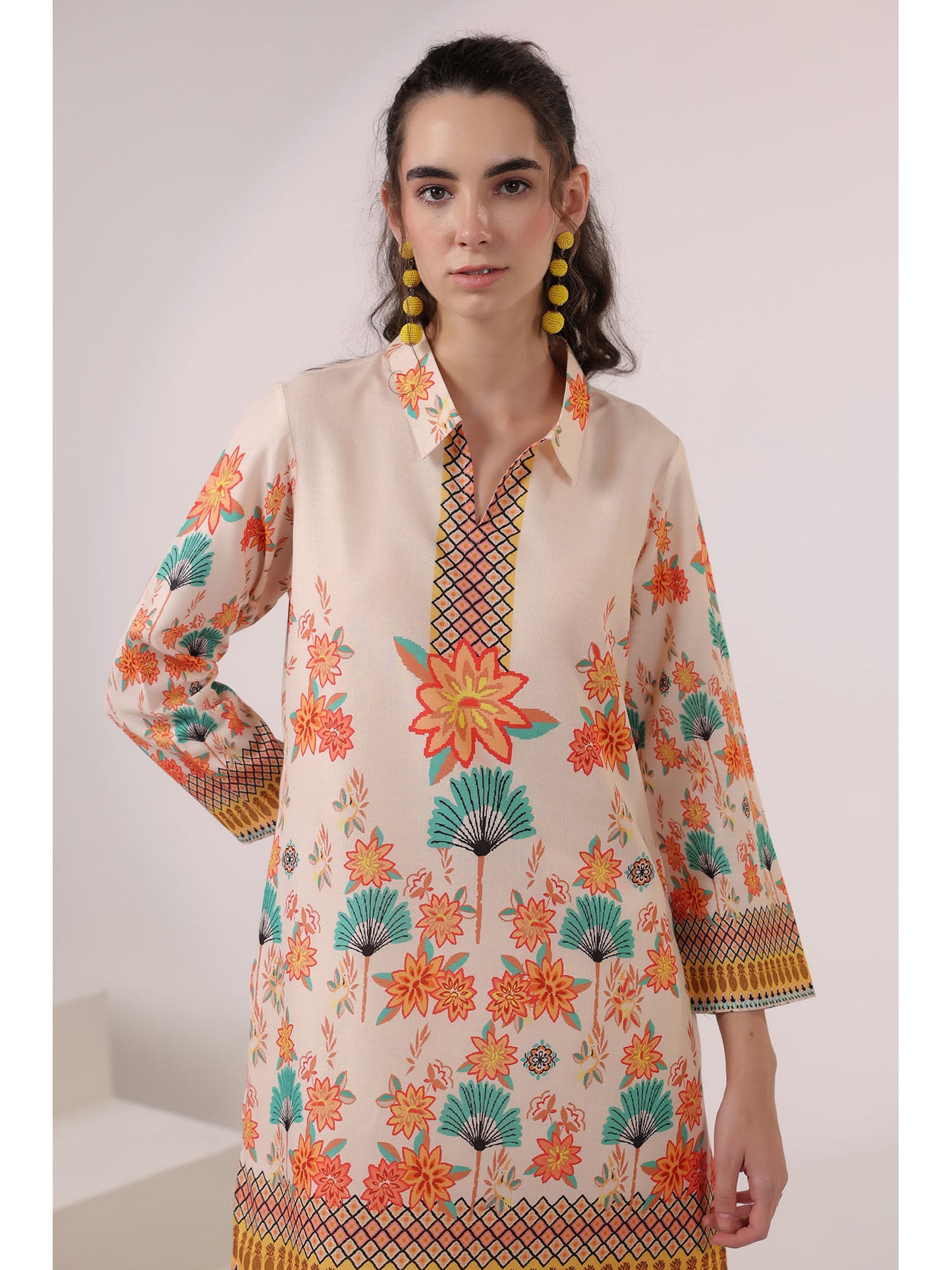Cream Kara Caramel Linen Printed Co-Ord (Set of 2)