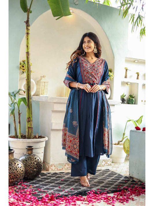 Blue Ajrakh Printed A-Line Kurta with Pant and Dupatta (Set of 3)