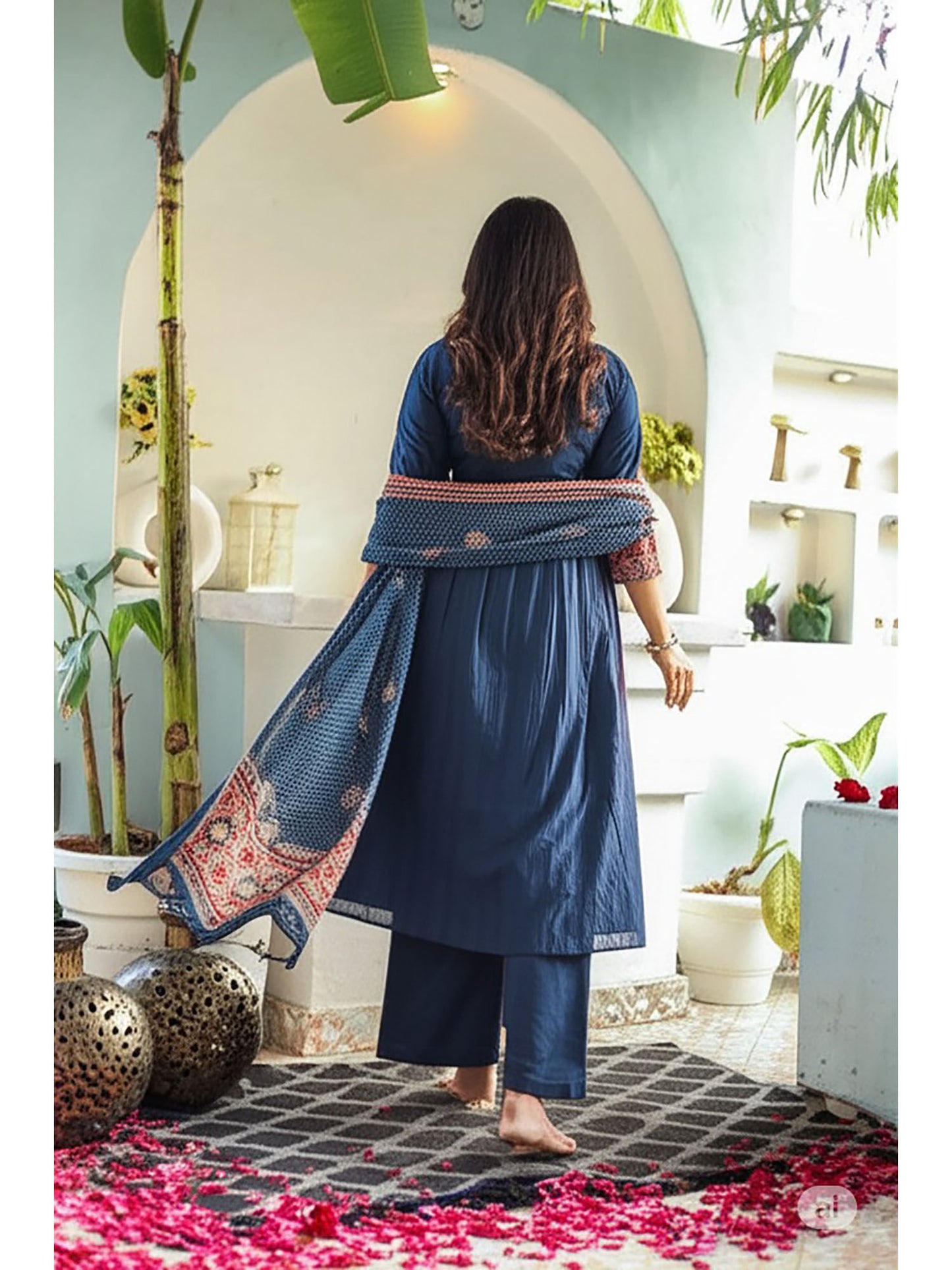 Blue Ajrakh Printed A-Line Kurta with Pant and Dupatta (Set of 3)