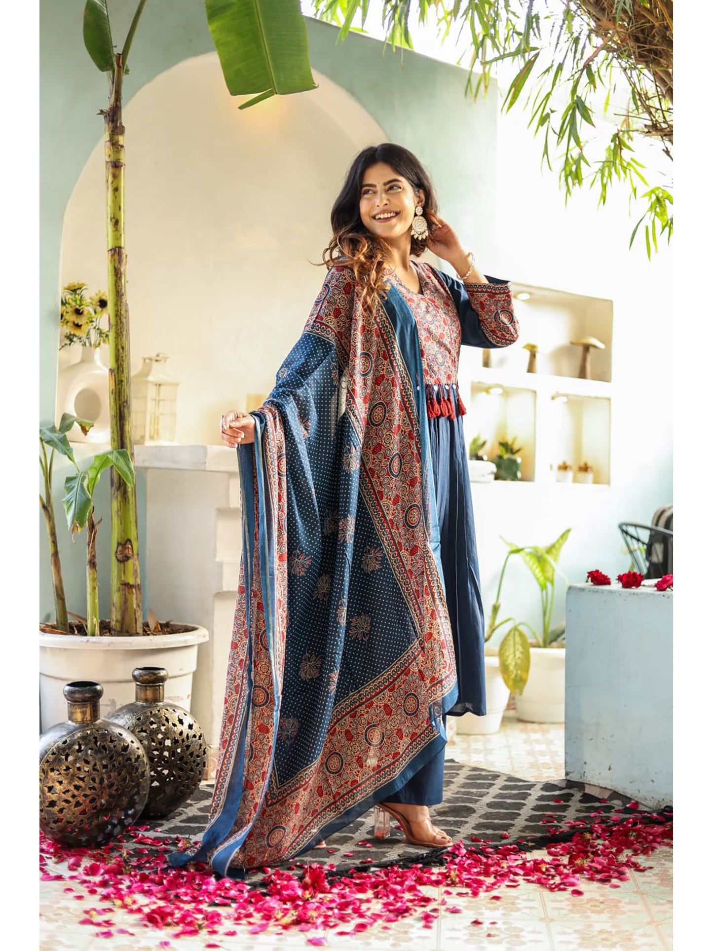 Blue Ajrakh Printed A-Line Kurta with Pant and Dupatta (Set of 3)