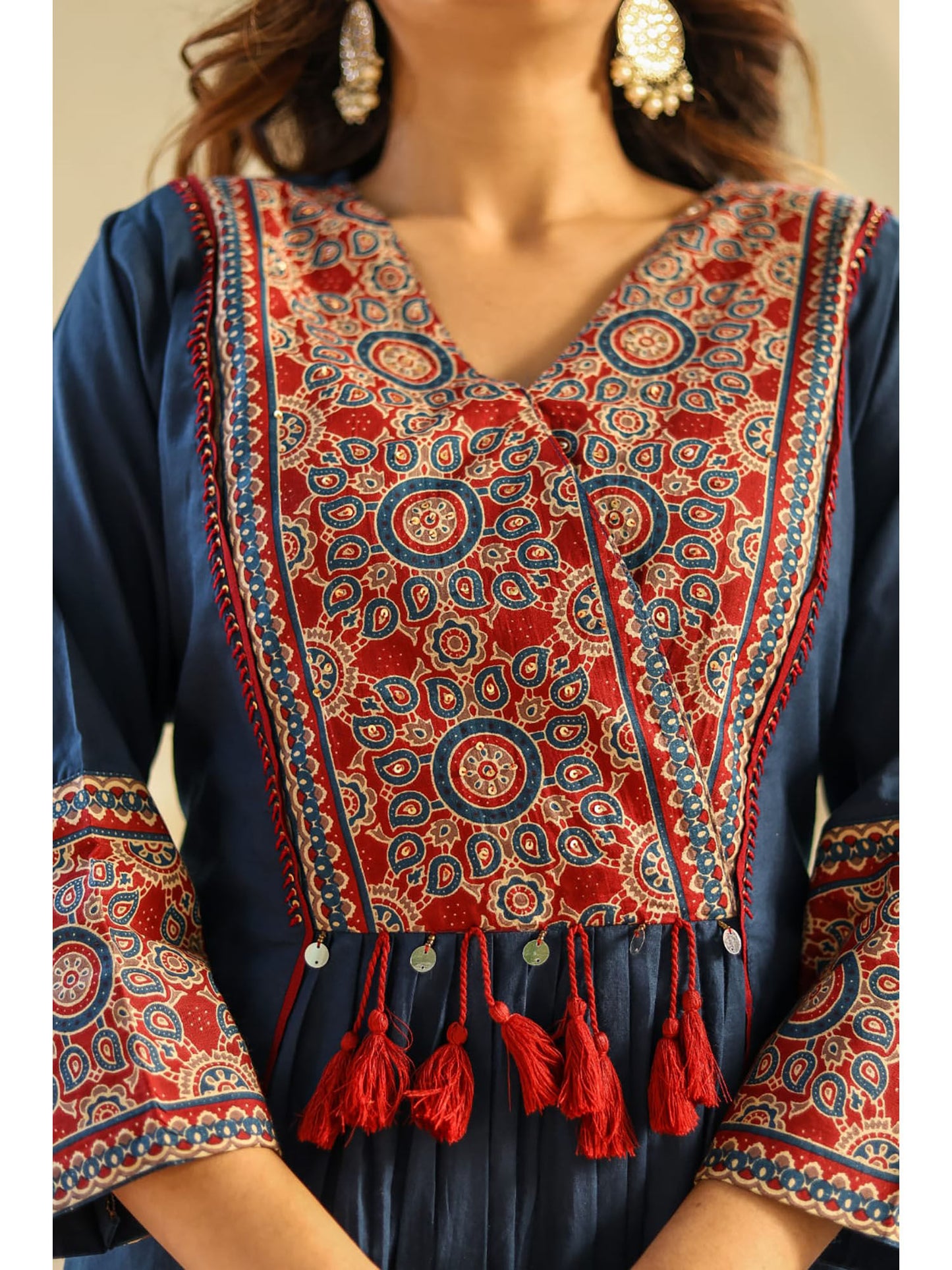 Blue Ajrakh Printed A-Line Kurta with Pant and Dupatta (Set of 3)