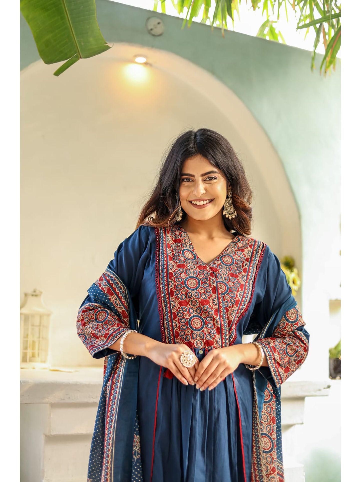 Blue Ajrakh Printed A-Line Kurta with Pant and Dupatta (Set of 3)