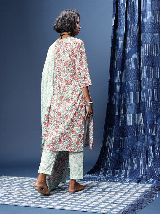 Taavi Floral Printed Pure Cotton Block Print Legacy Kurta with Trousers & Dupatta