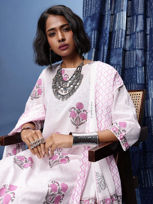 Taavi Indie Floral Printed Straight Hand Block Print Legacy Kurta with Trousers & Dupatta