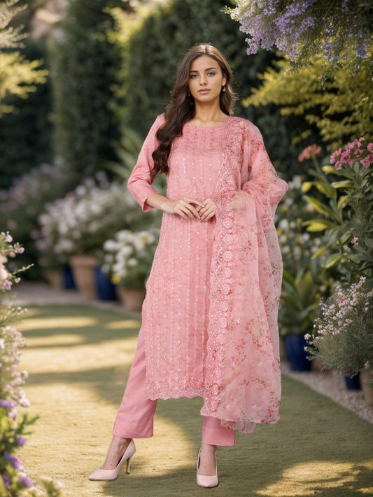 AHIKA Peach-Coloured Ethnic Motifs Embroidered Sequinned Kurta