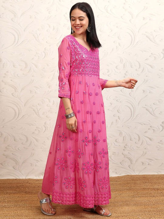 Vishudh Embroidered Pure Cotton Mirror Work Anarkali Kurta With Trousers & Dupatta