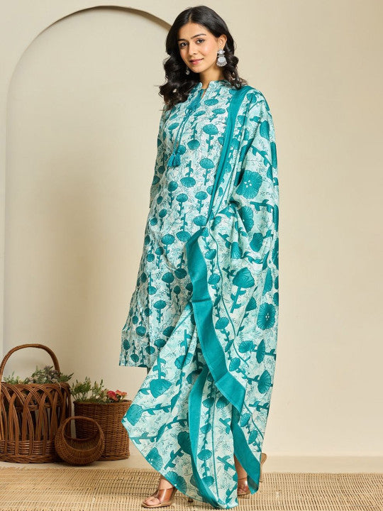 FLAMBOYANT Floral Printed Tie-Up Neck Pure Cotton Kurta With Trousers & Dupatta