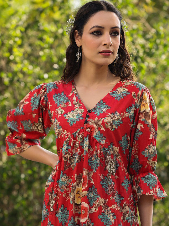 Floral Printed Pure Cotton Knee-Length A-Line Ethnic Dress