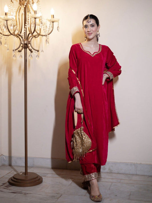 DIMPLE DESIGN STUDIO Notch Neck Velvet Straight Kurta with Palazzos & Dupatta