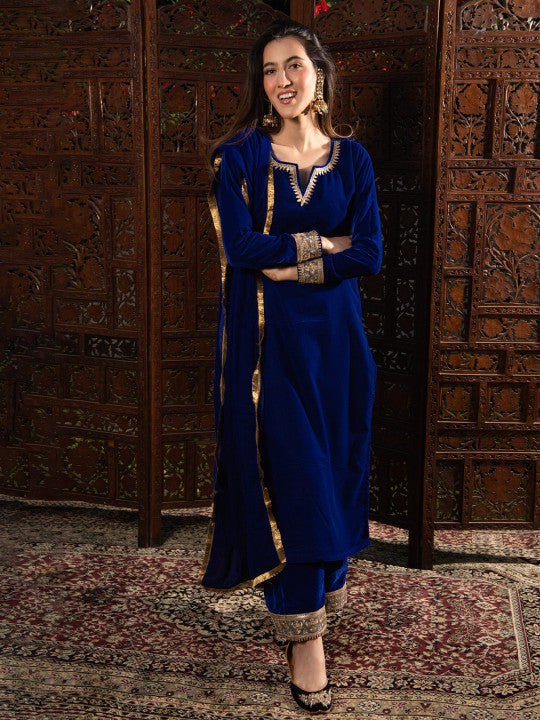 DIMPLE DESIGN STUDIO Floral Embroidered Velvet Straight Kurta With Palazzos & Dupatta