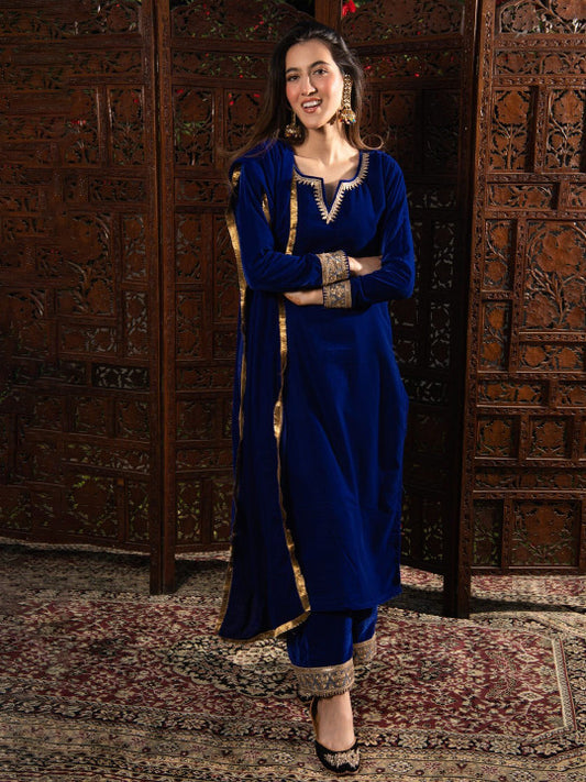DIMPLE DESIGN STUDIO Floral Embroidered Velvet Straight Kurta With Palazzos & Dupatta