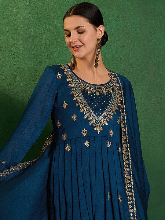 Zari & Sequence Embroidered Round Neck Anarkali Kurta With Trousers & Dupatta