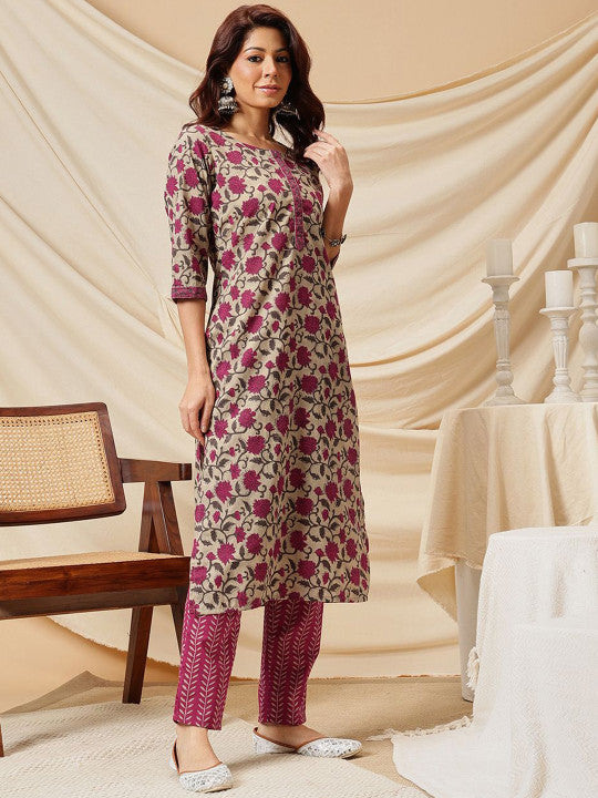 Ginni Arora Label Floral Printed Pure Cotton Straight Kurta & Trouser With Dupatta