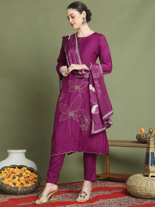 Stylee LIFESTYLE Floral Embroidered Pure Silk Kurta With Trouser And Dupatta