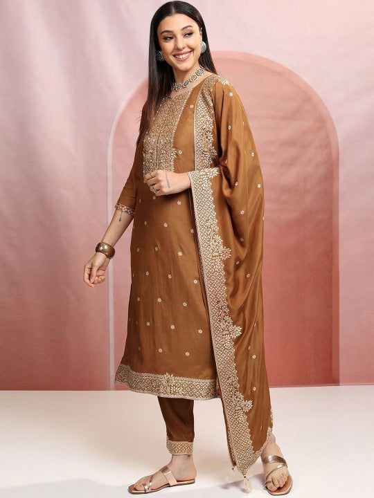 Vishudh Brown Floral Woven Design Pure Cotton Straight Kurta with Trousers & Dupatta