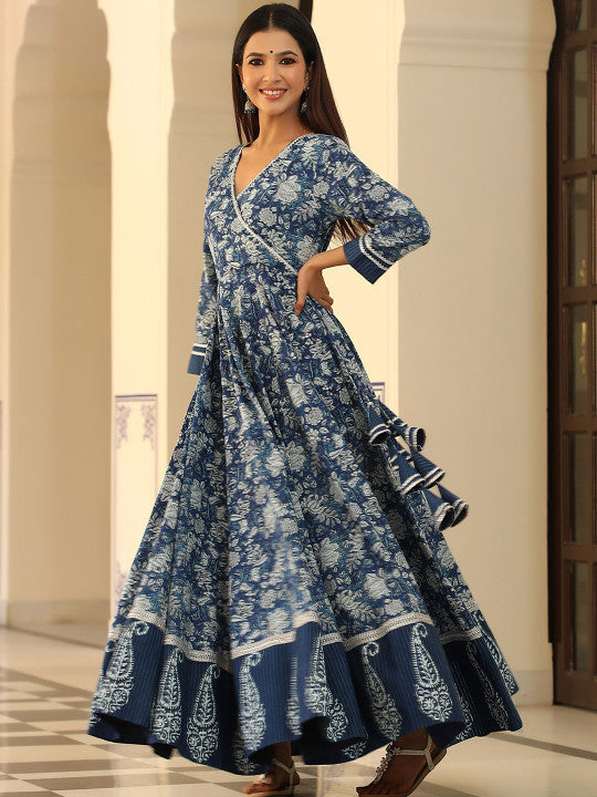 GILLORI Floral Printed V-Neck Pure Cotton Fit & Flare Maxi Ethnic Dresses