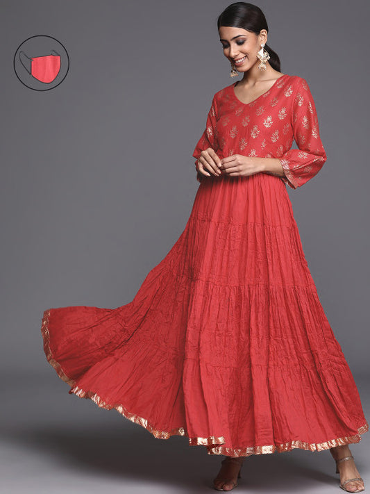 Biba Red & Gold-Toned Ethnic Motifs Maxi Dress