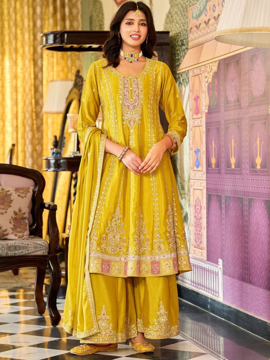 Indo Era Floral Embroidered Mirror Work Round Neck Anarkali Kurta