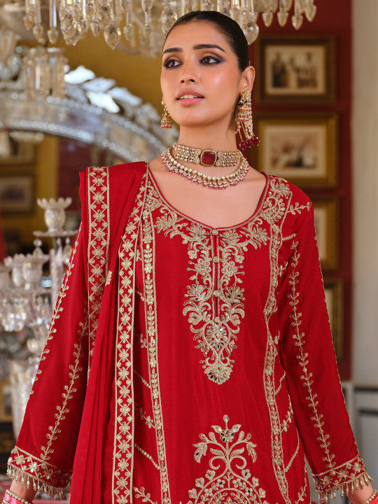 Indo Era Adults-Women Woven Design Embroidered Kurta with Palazzos & Dupatta